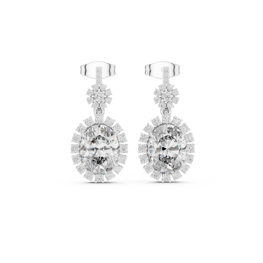 Pear-shaped gemstone drop earrings in platinum with pavé halo and stud tops