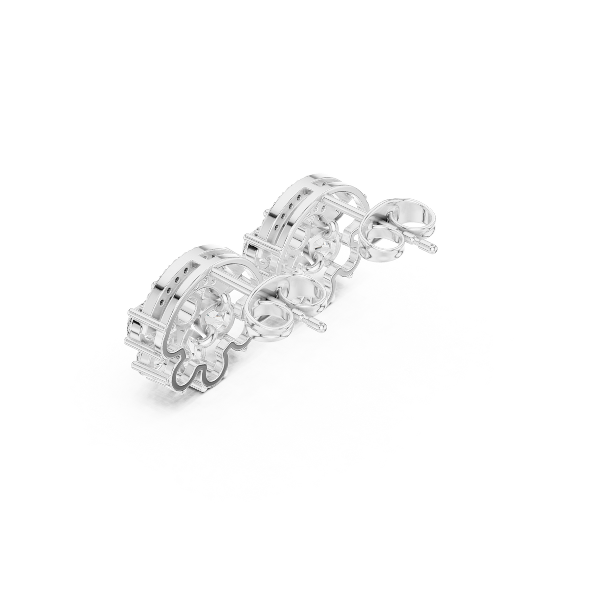 White gold diamond stud earrings, side view showing pear floral clusters