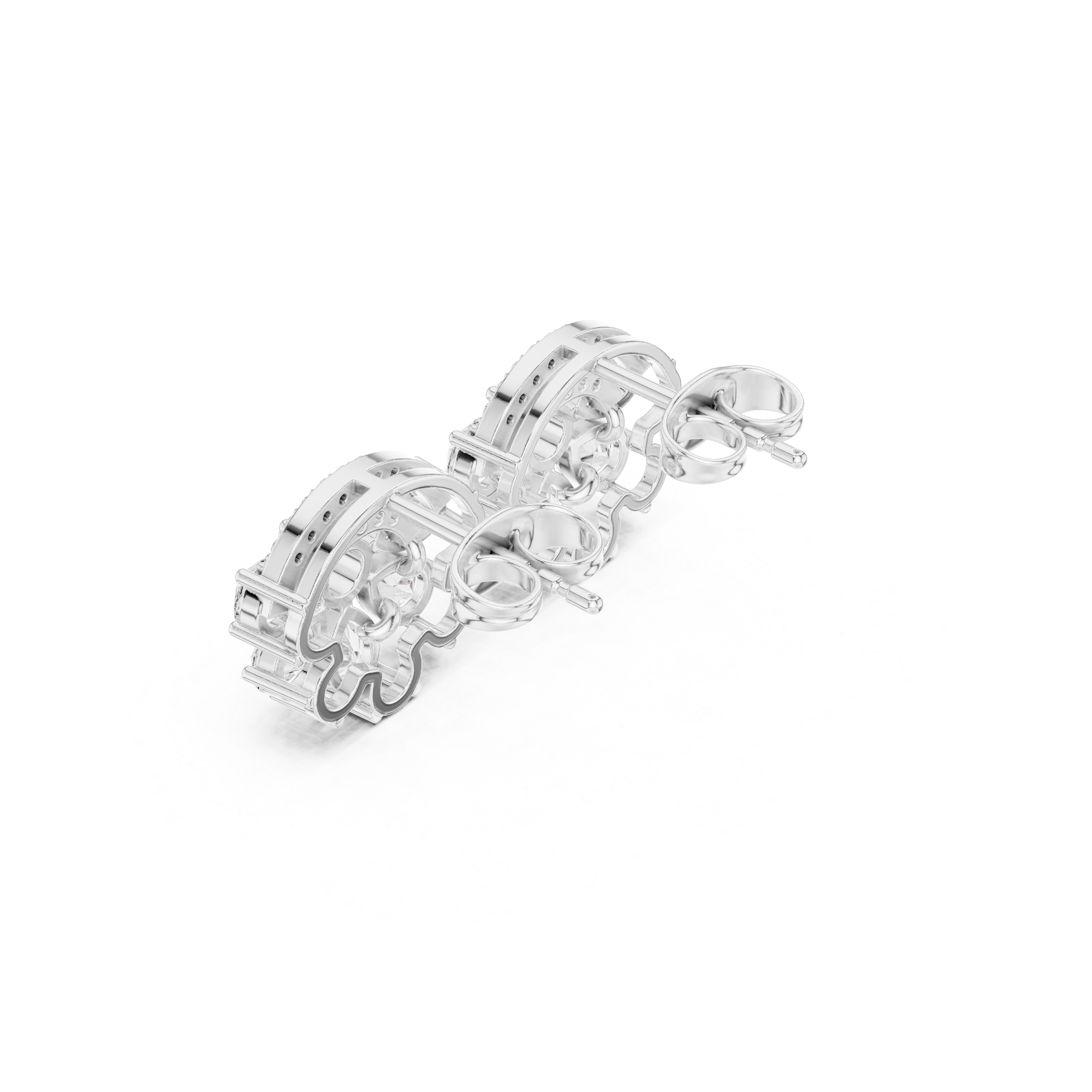 White gold statement cluster stud earrings with oval-cut stones and prong setting, angled view