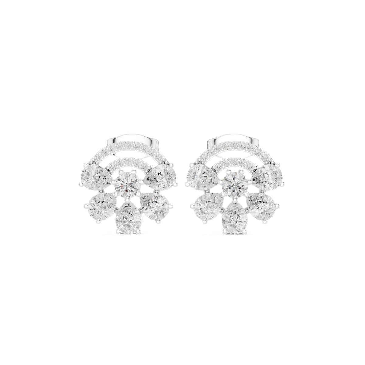 White gold diamond stud earrings with pear-shaped stones in a floral cluster