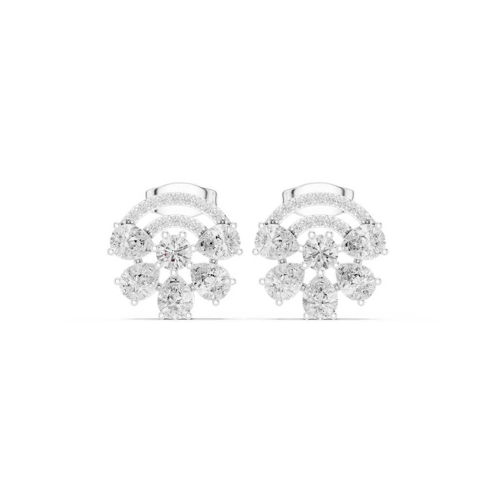 Cushion-cut diamond cluster stud earrings with halo and scalloped shoulders, white metal