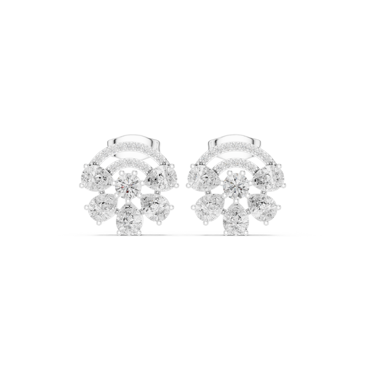 White gold diamond stud earrings with pear-shaped stones in a floral cluster