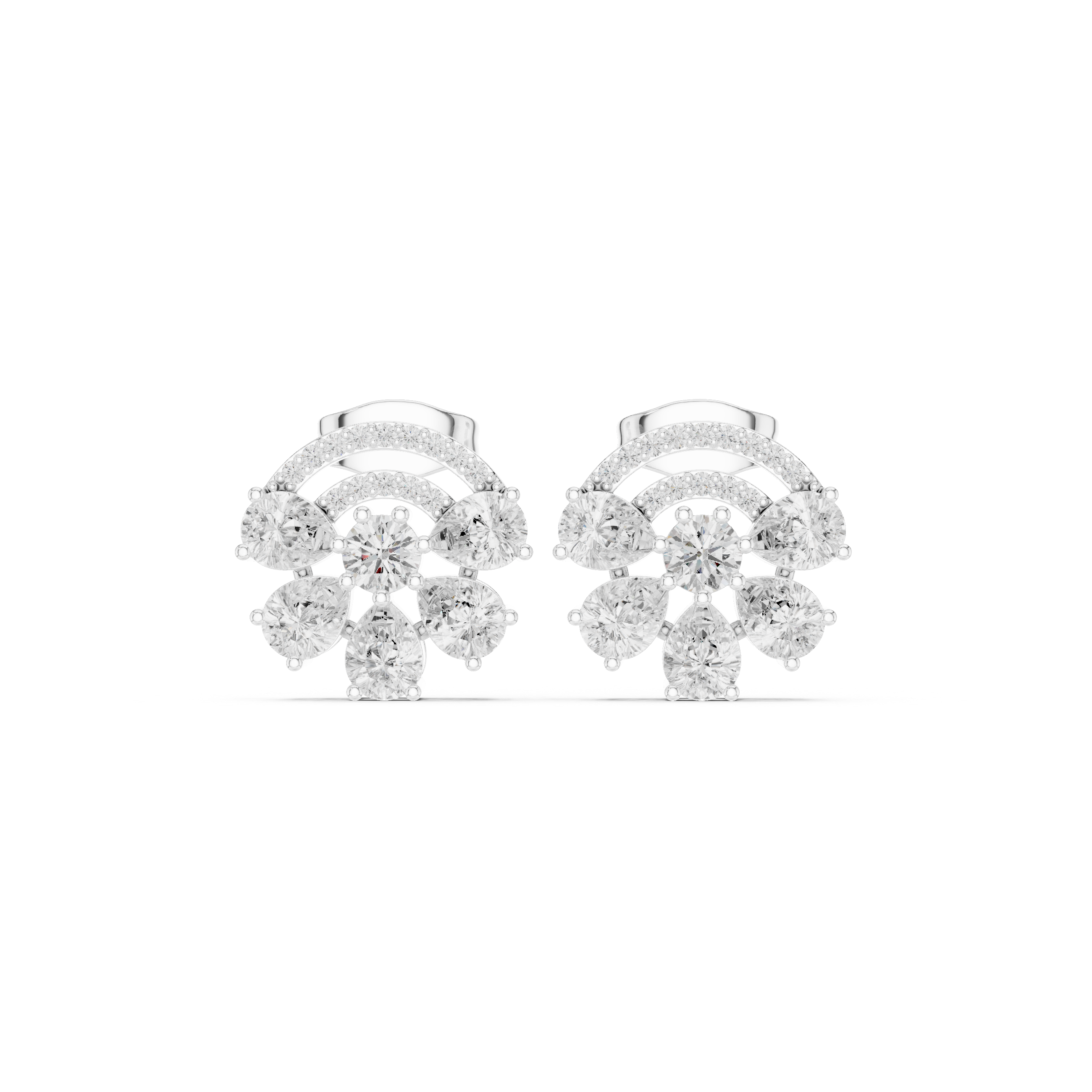 Cushion-cut diamond cluster stud earrings with halo and scalloped shoulders, white metal