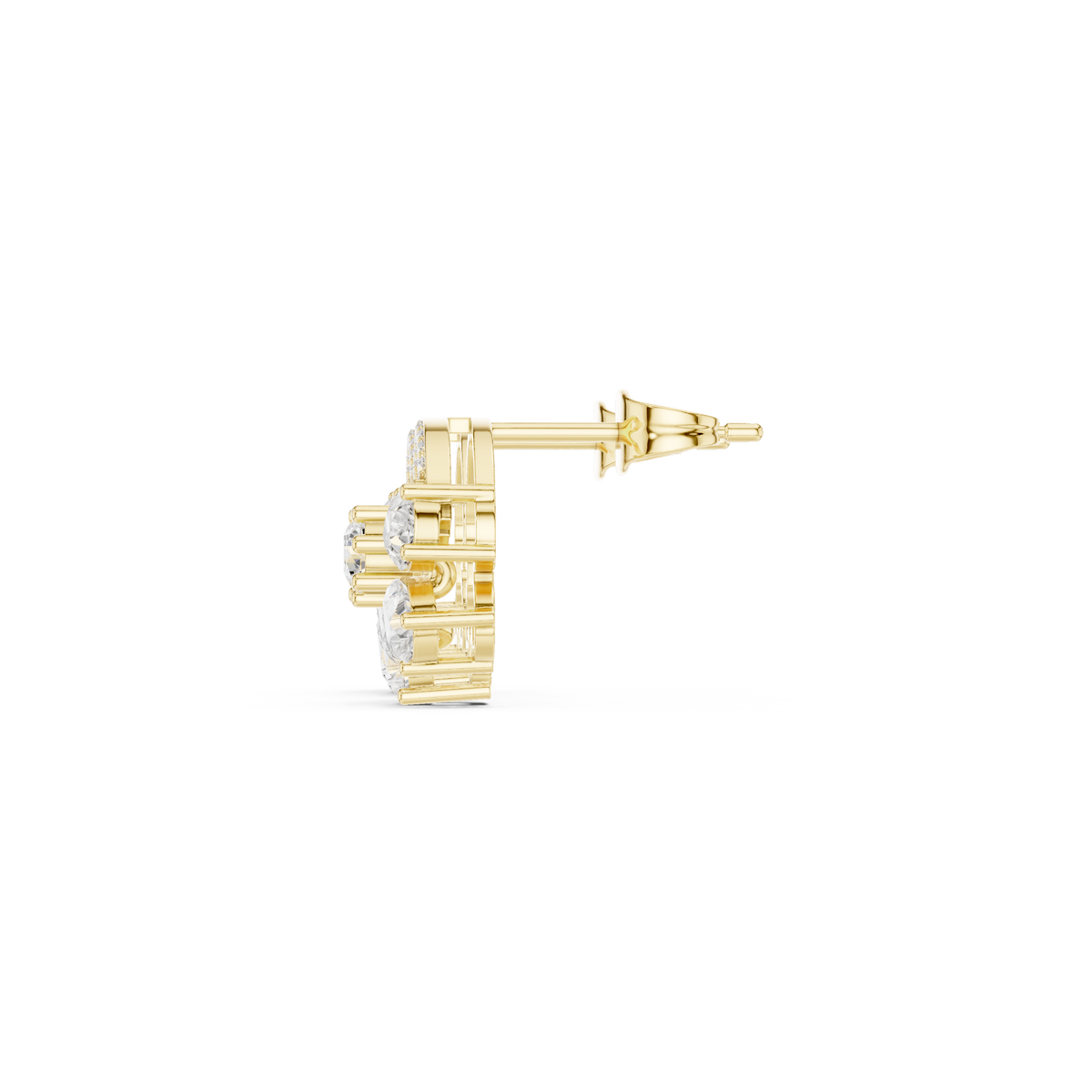 Cushion-cut diamond cluster stud earring, yellow gold tone, profile view