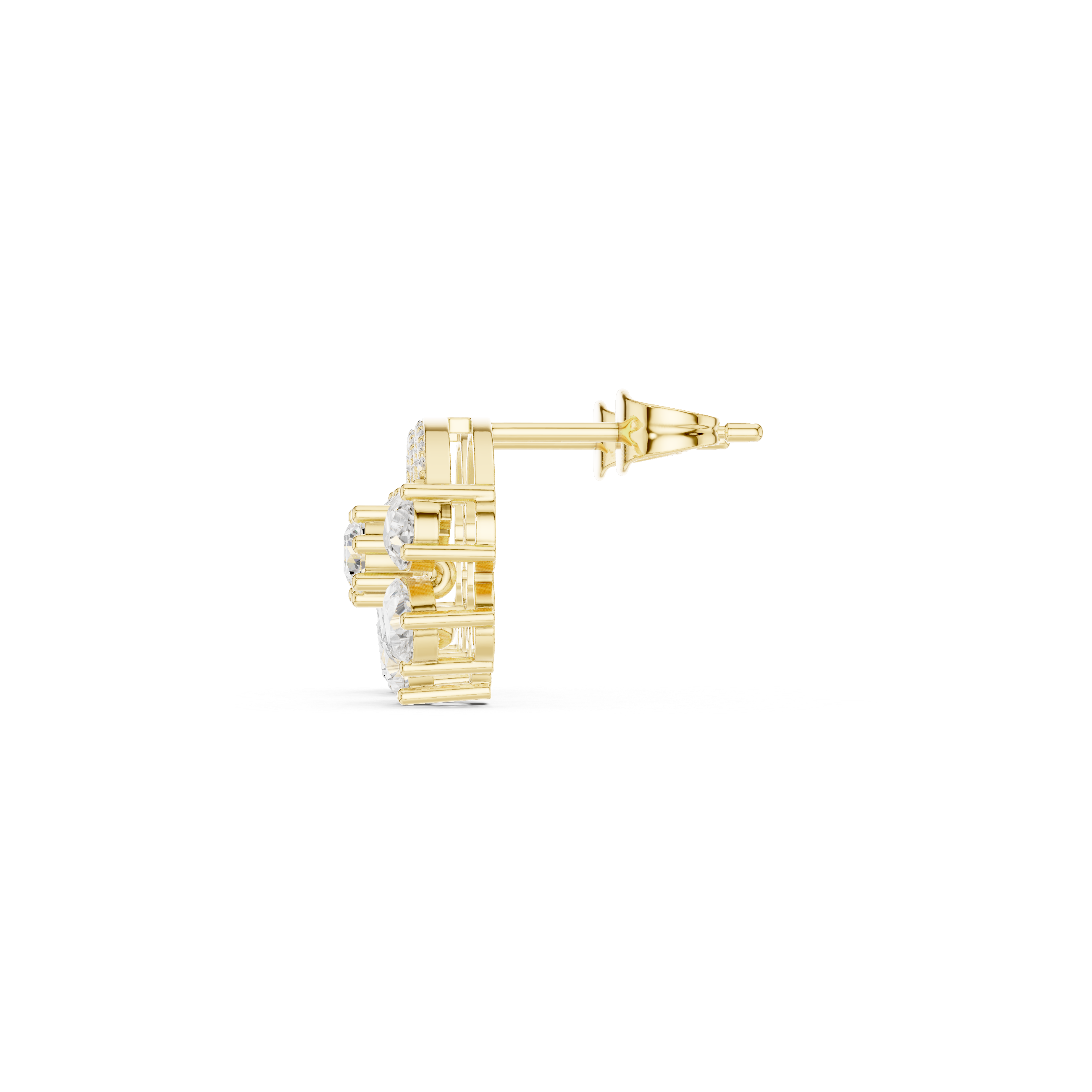 Cushion-cut diamond cluster stud earring, yellow gold tone, profile view