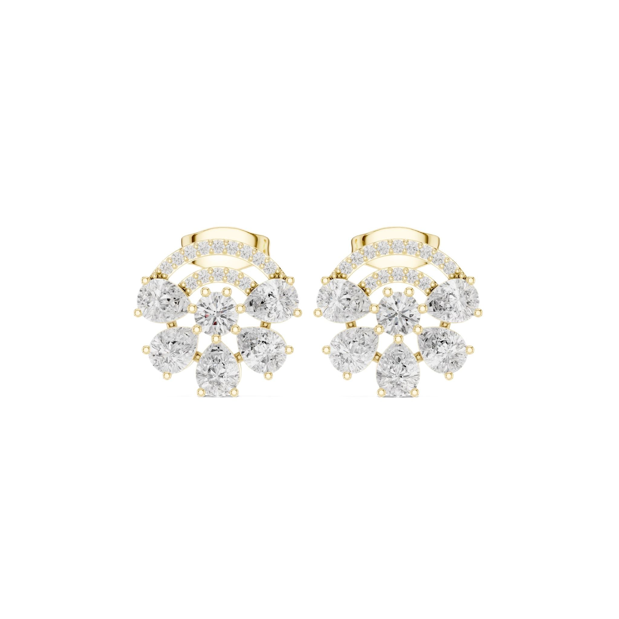 Cushion-cut diamond cluster stud earrings with halo and scalloped details, yellow metal