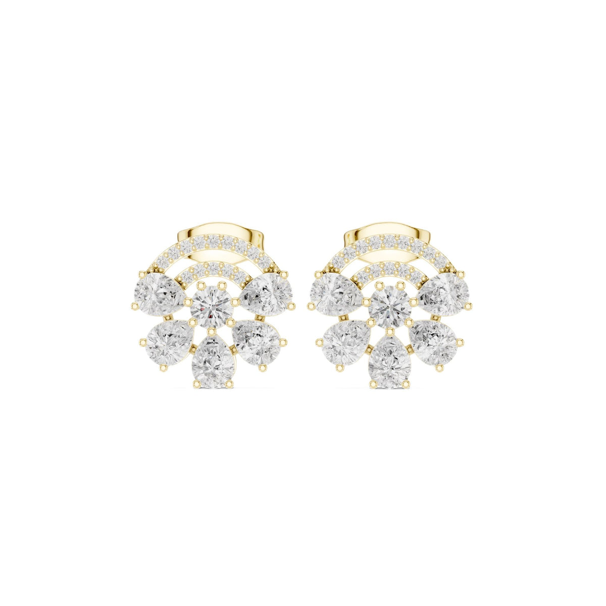 Cushion-cut diamond cluster stud earrings with halo and scalloped details, yellow metal