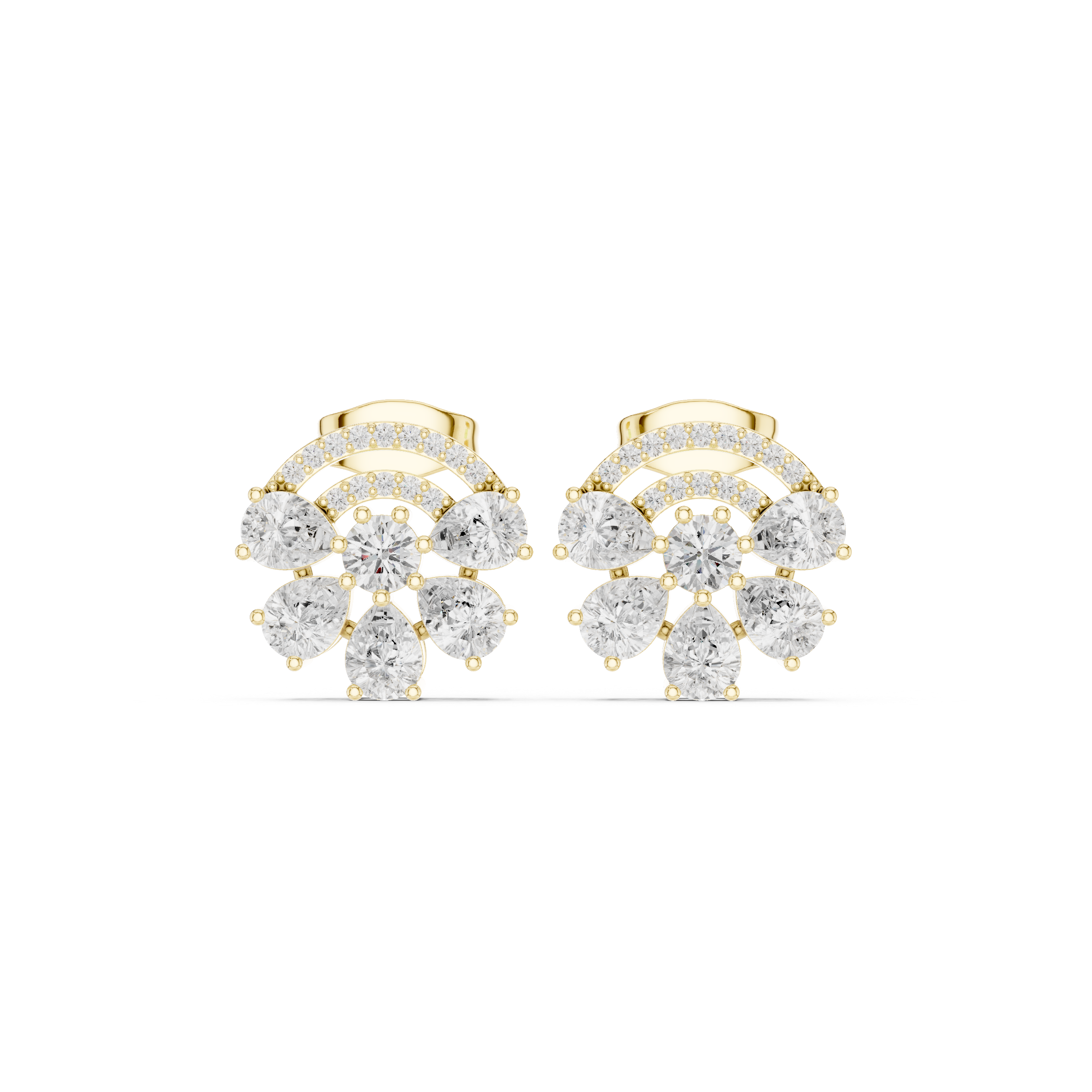 Cushion-cut diamond cluster stud earrings with halo and scalloped details, yellow metal