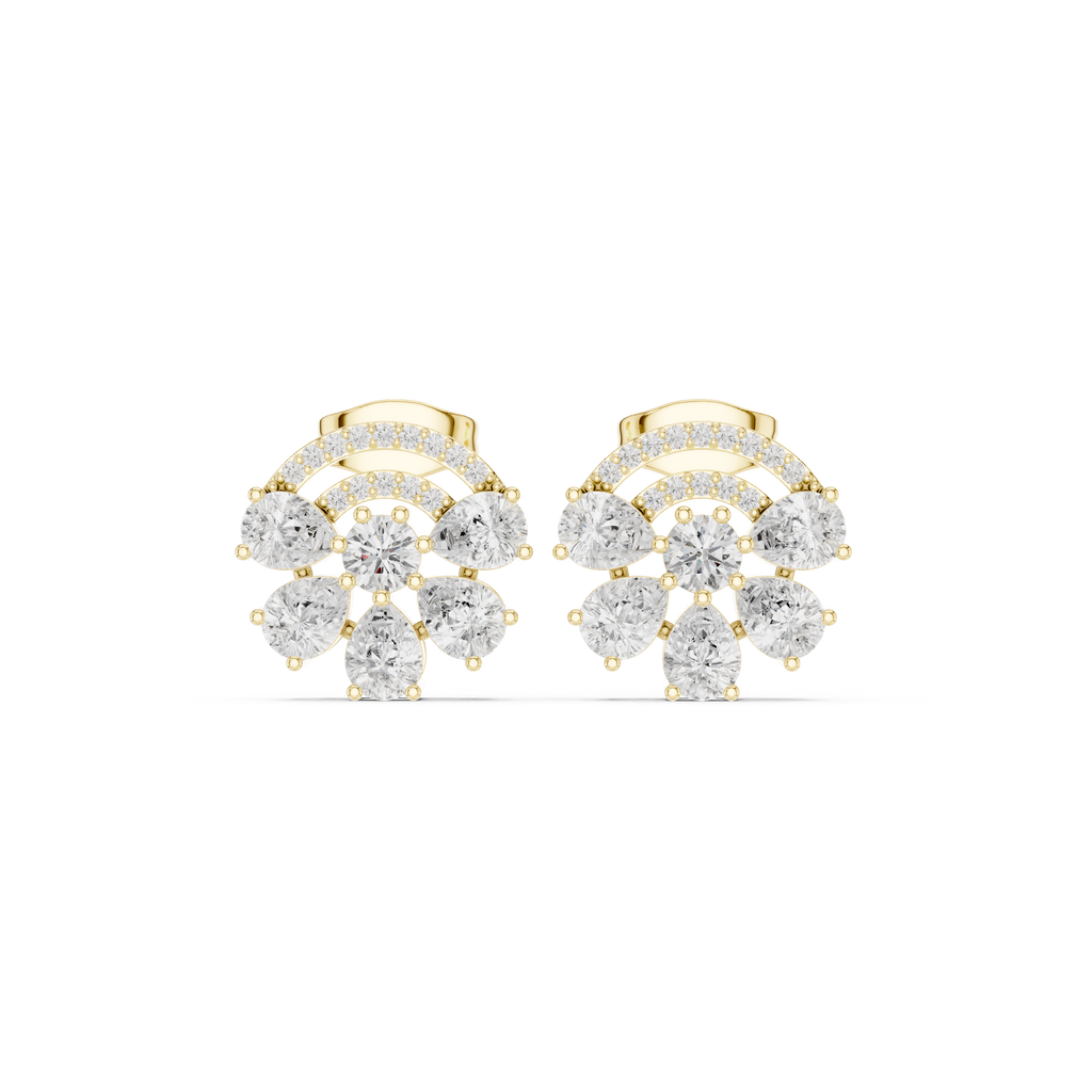 Cushion-cut diamond cluster stud earrings with halo and scalloped details, yellow metal