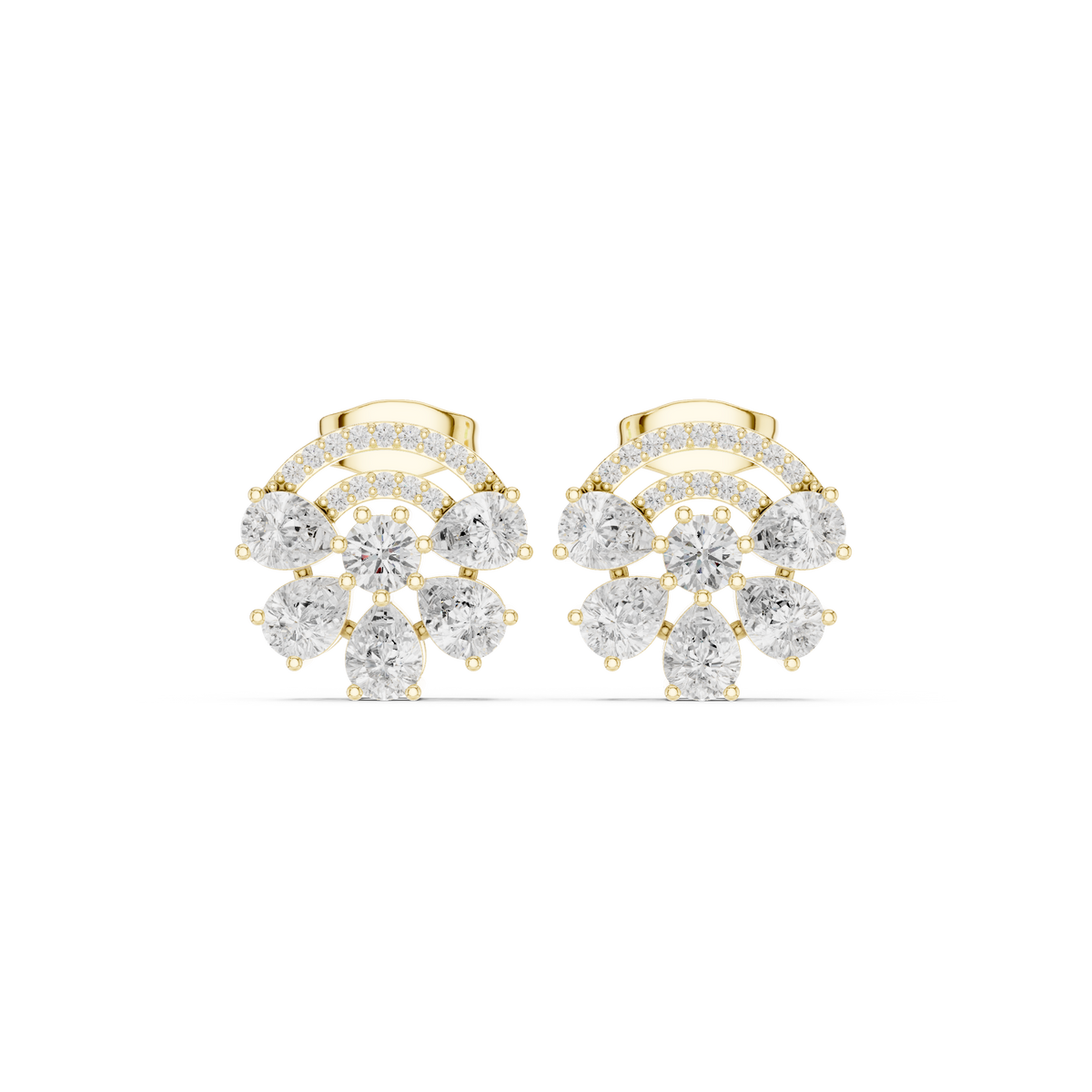 Cushion-cut diamond cluster stud earrings with halo and scalloped details, yellow metal