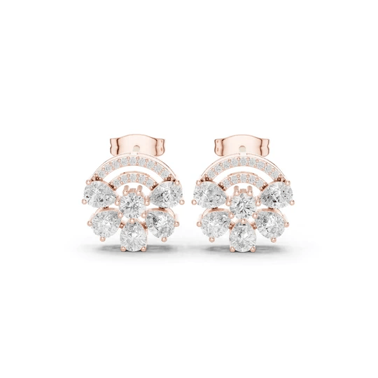 Cushion-cut gemstone fan drop earrings, rose gold with clear stones