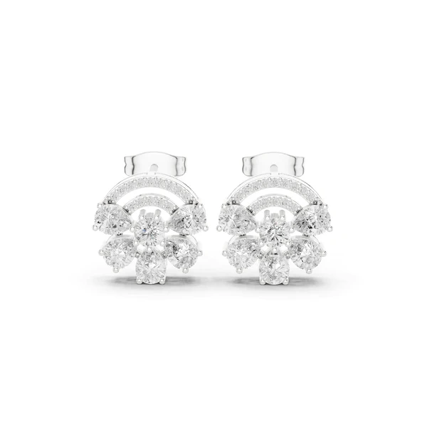 Cushion-cut gemstone fan drop earrings, white gold with clear stones