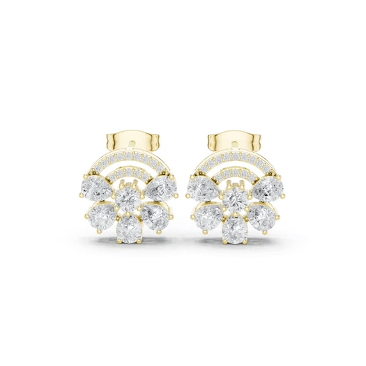 Cushion-cut gemstone fan drop earrings, yellow gold with clear stones