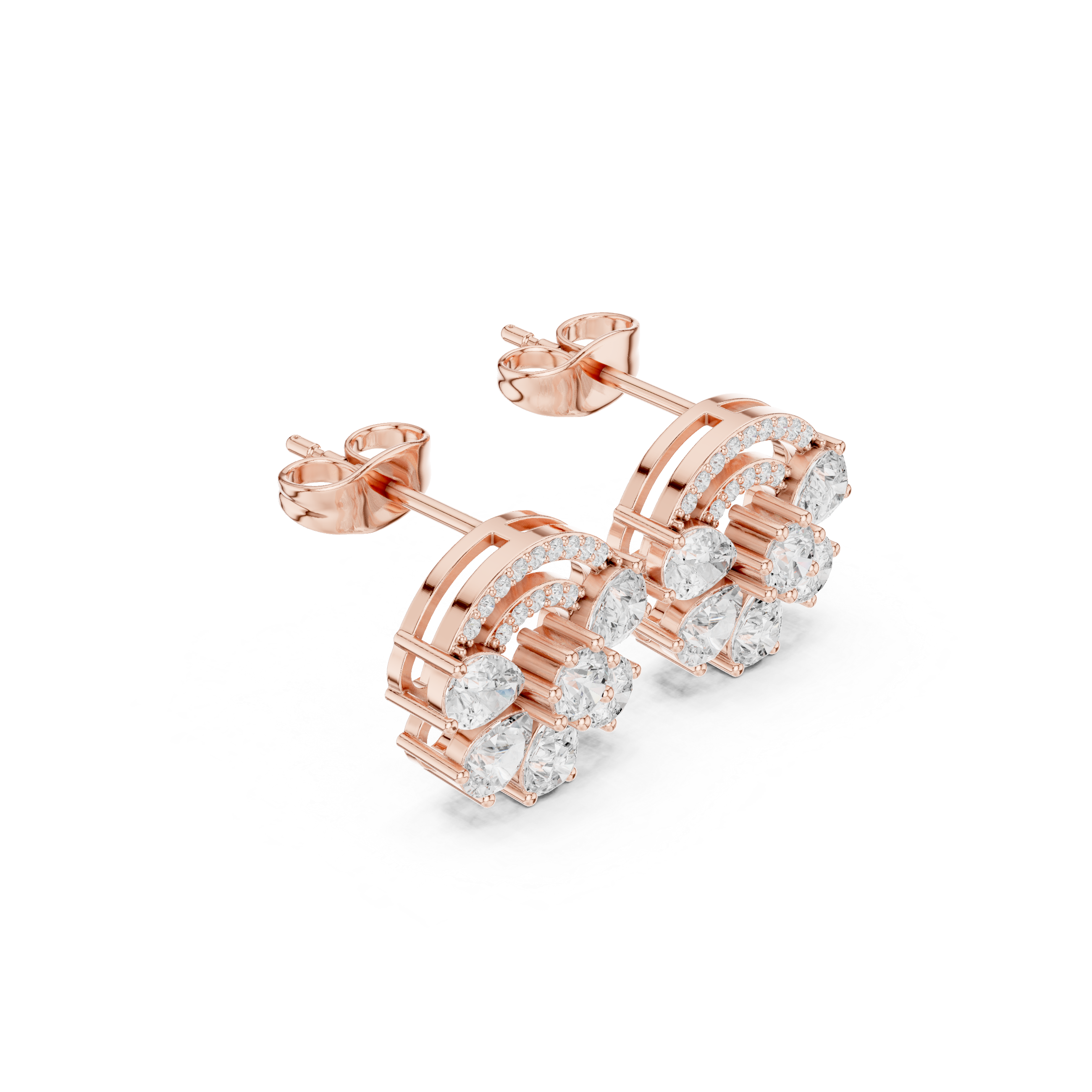 Rose gold statement cluster stud earrings with multiple oval-cut white stones