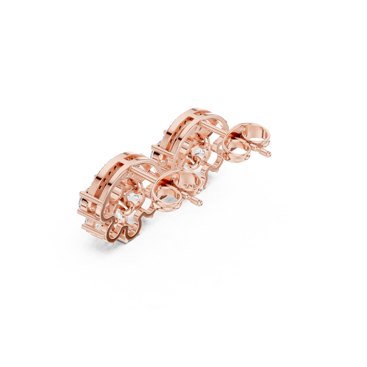 Rose gold diamond stud earrings shown from the side with pear floral clusters