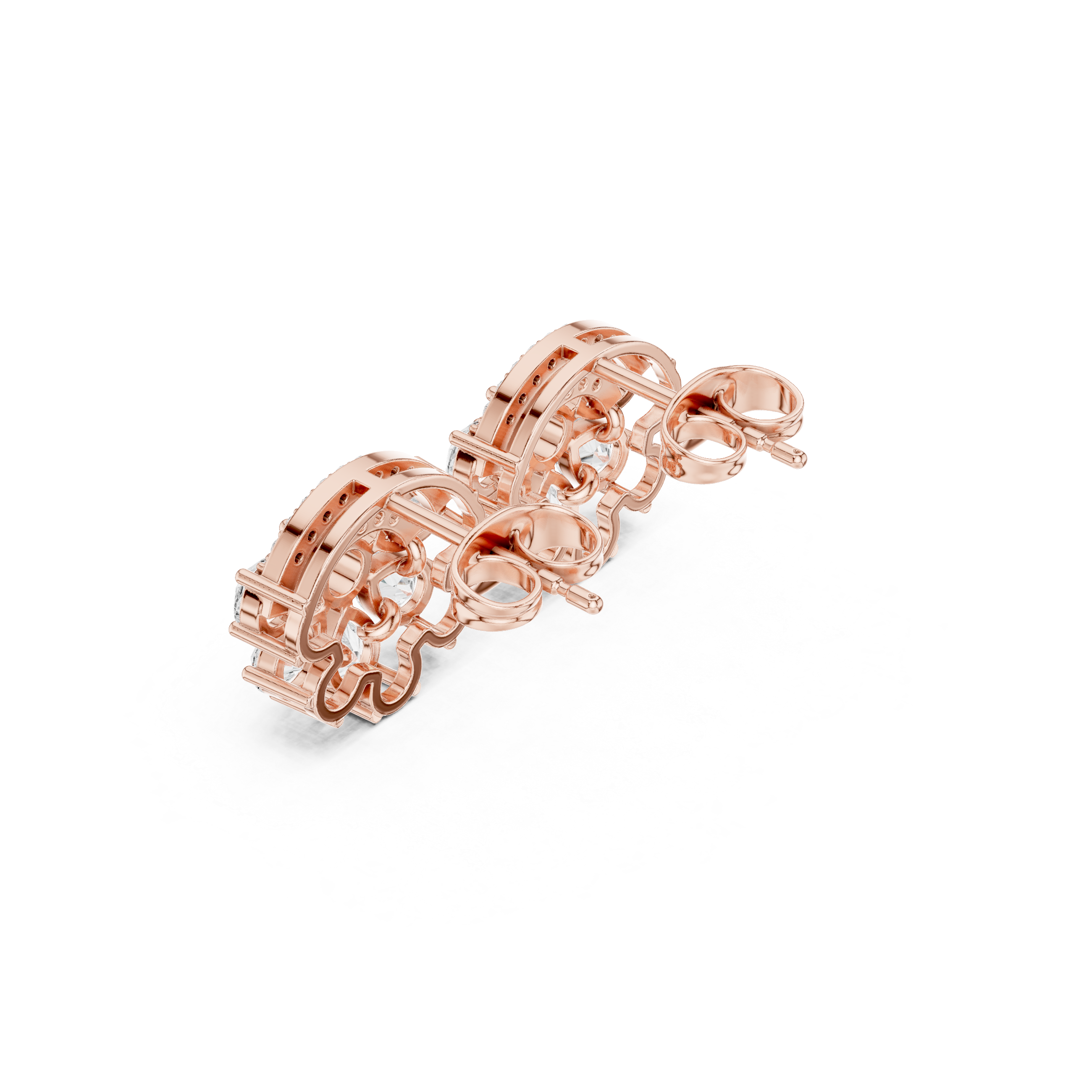 Rose gold statement cluster stud earrings with oval-cut white stones, angled view