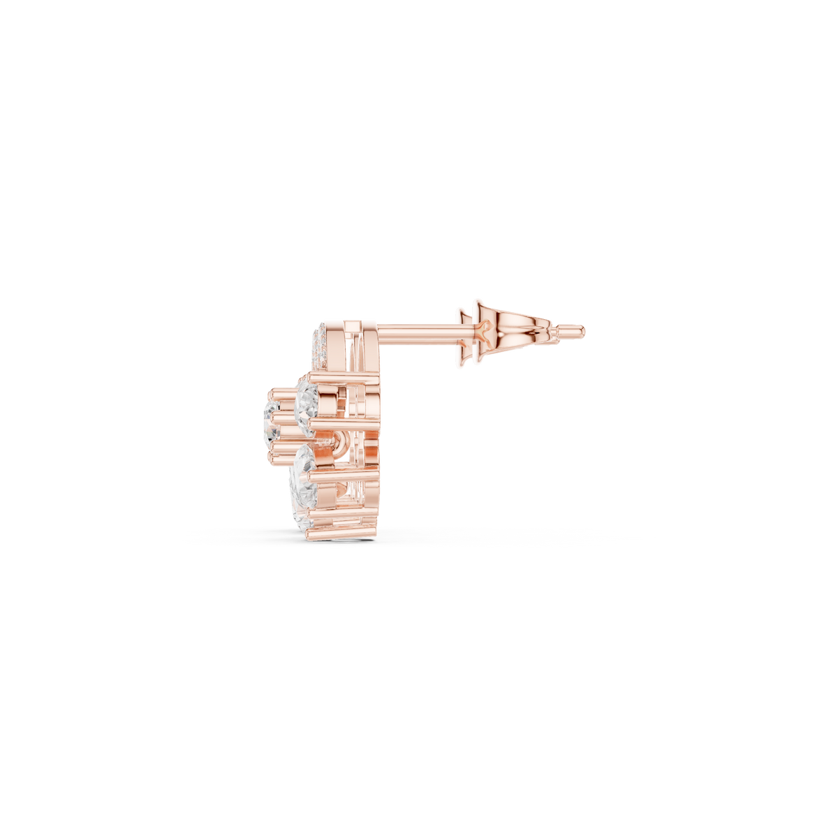 Rose gold diamond stud earrings, close view of the earring post and floral cluster