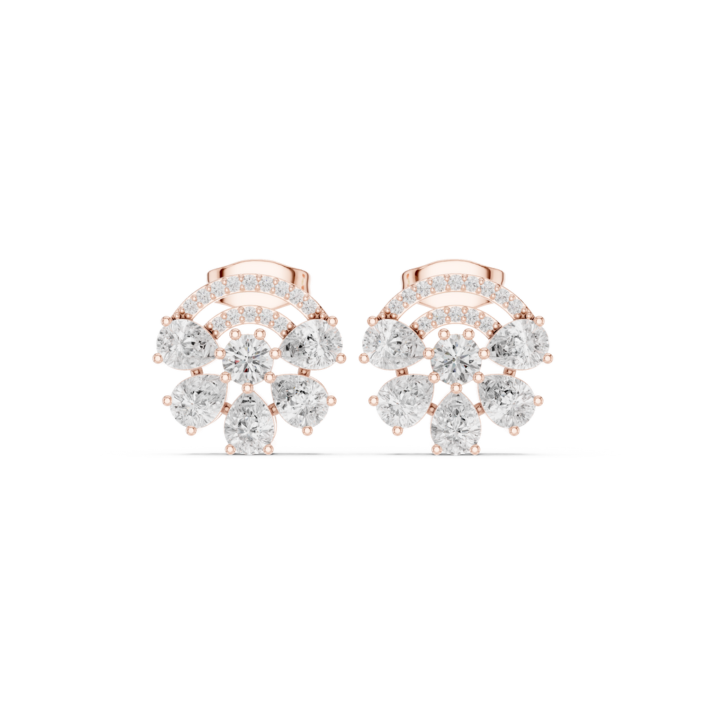 Rose gold cluster hoop stud earrings with oval-cut and round-cut white stones, front view