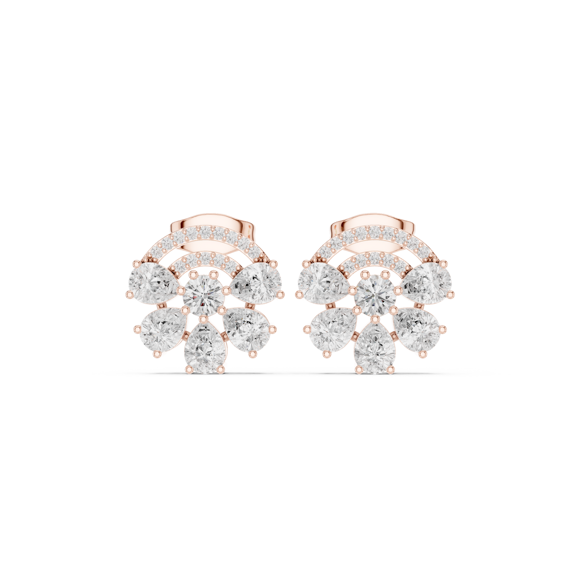 Rose gold diamond stud earrings, front view of pear-shaped floral cluster