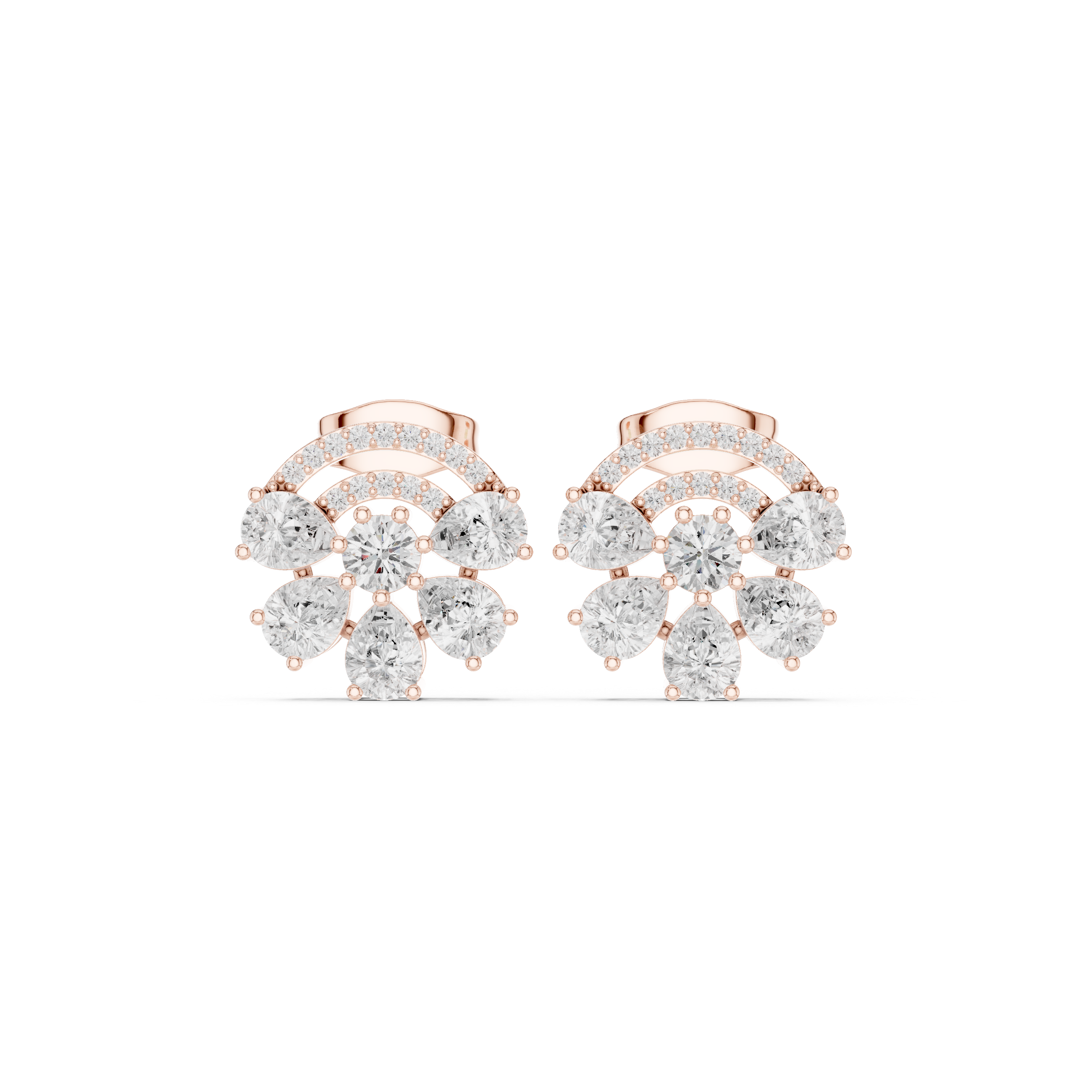 Rose gold cluster hoop stud earrings with oval-cut and round-cut white stones, front view