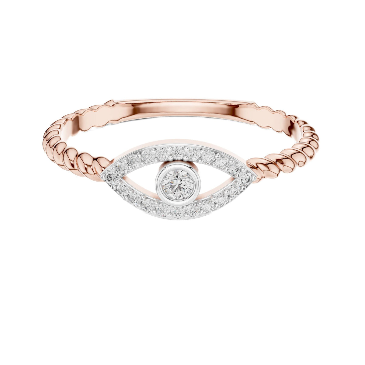 Rose gold evil eye diamond ring top view with round center stone halo