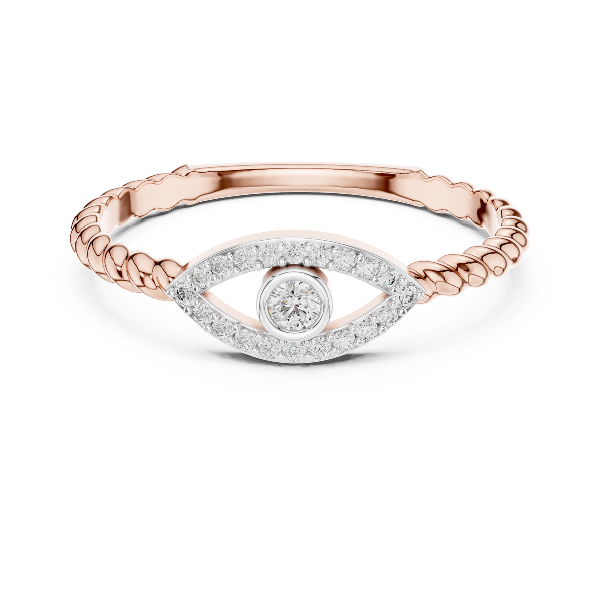 Rose gold evil eye diamond ring top view with round center stone halo
