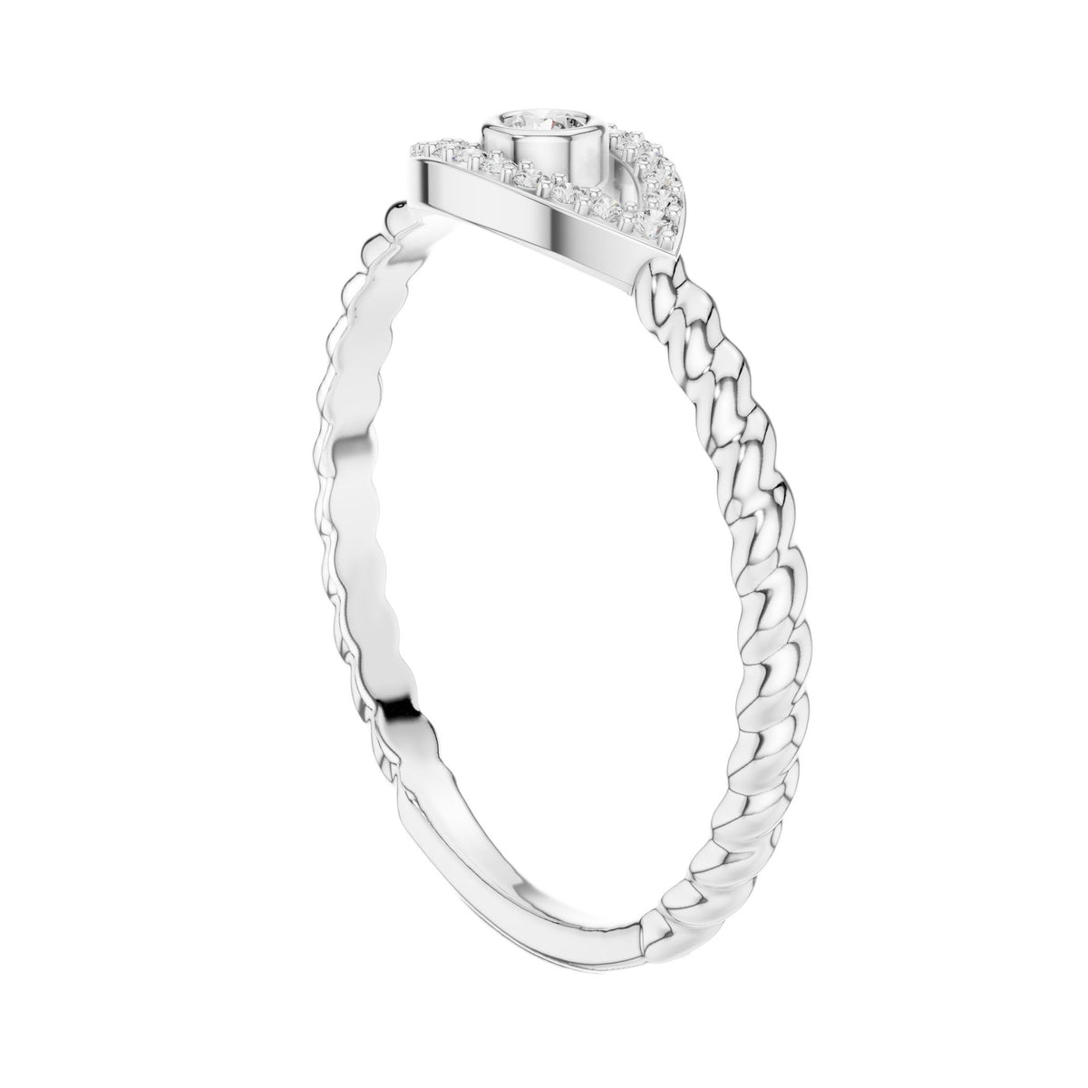 White gold evil eye diamond rope band ring with braided sides and halo center