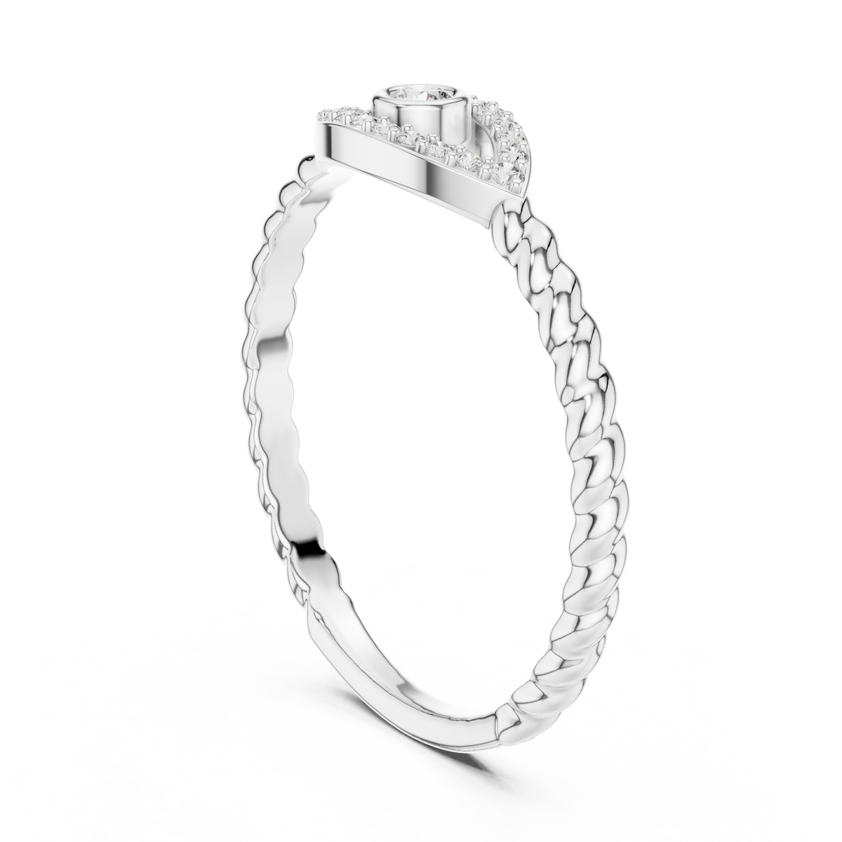 White gold evil eye diamond rope band ring with braided sides and halo center