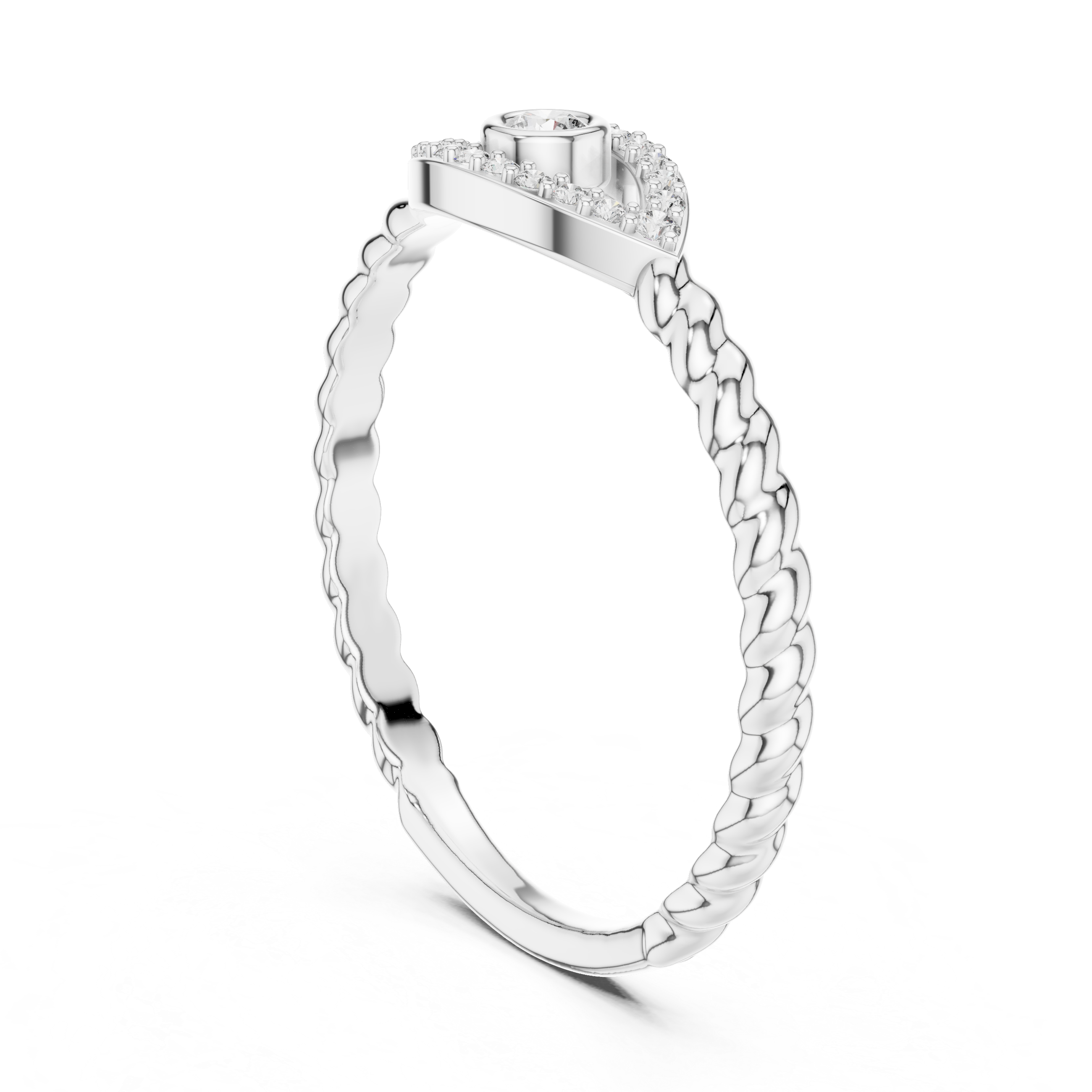 White gold evil eye diamond rope band ring with braided sides and halo center