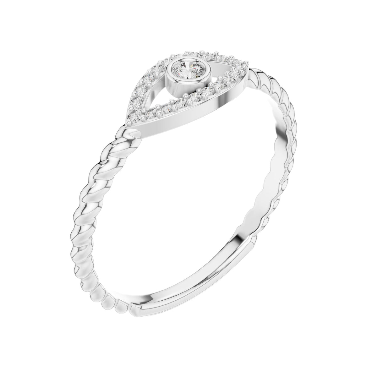 White gold evil eye diamond ring, braided rope band with pavé eye detail