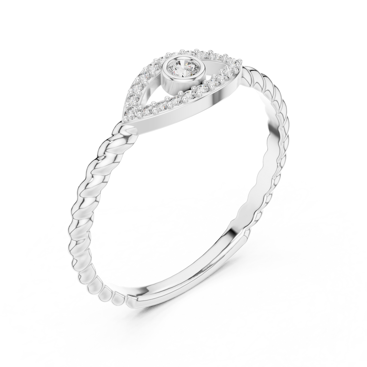 White gold evil eye diamond ring, braided rope band with pavé eye detail