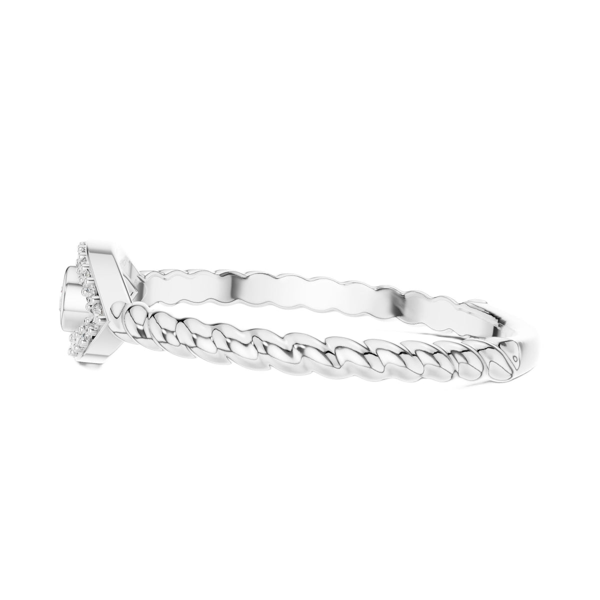 White gold evil eye diamond rope band ring, side profile with pavé halo eye