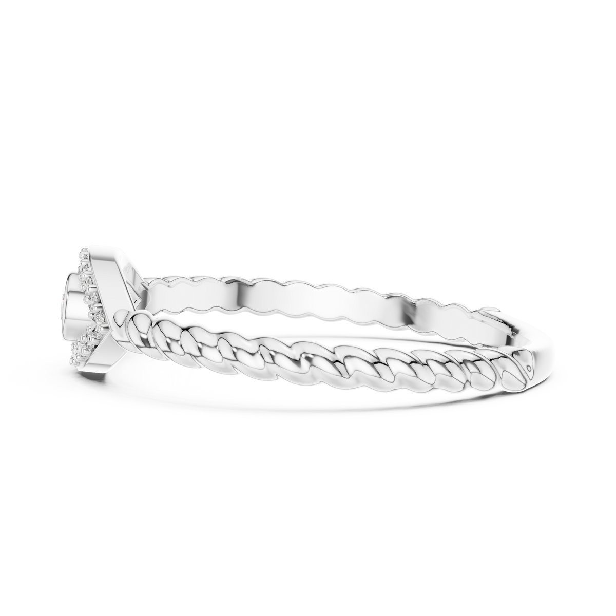 White gold evil eye diamond rope band ring, side profile with pavé halo eye
