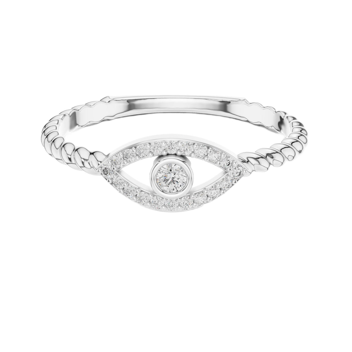 White gold evil eye diamond ring top view with round center stone halo