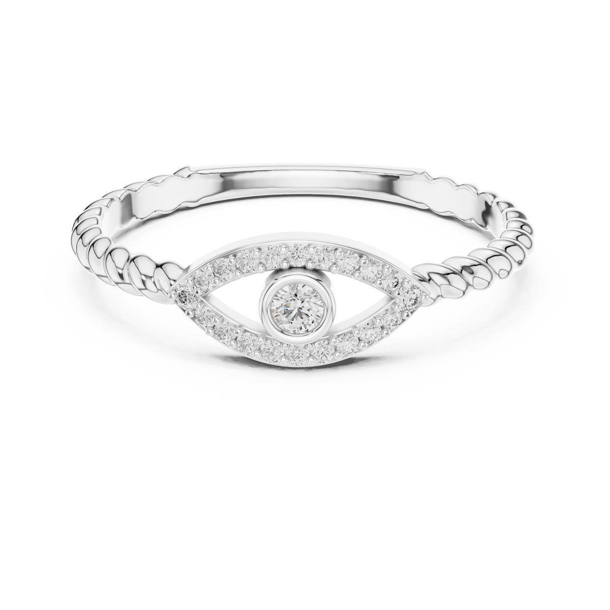 White gold evil eye diamond ring top view with round center stone halo