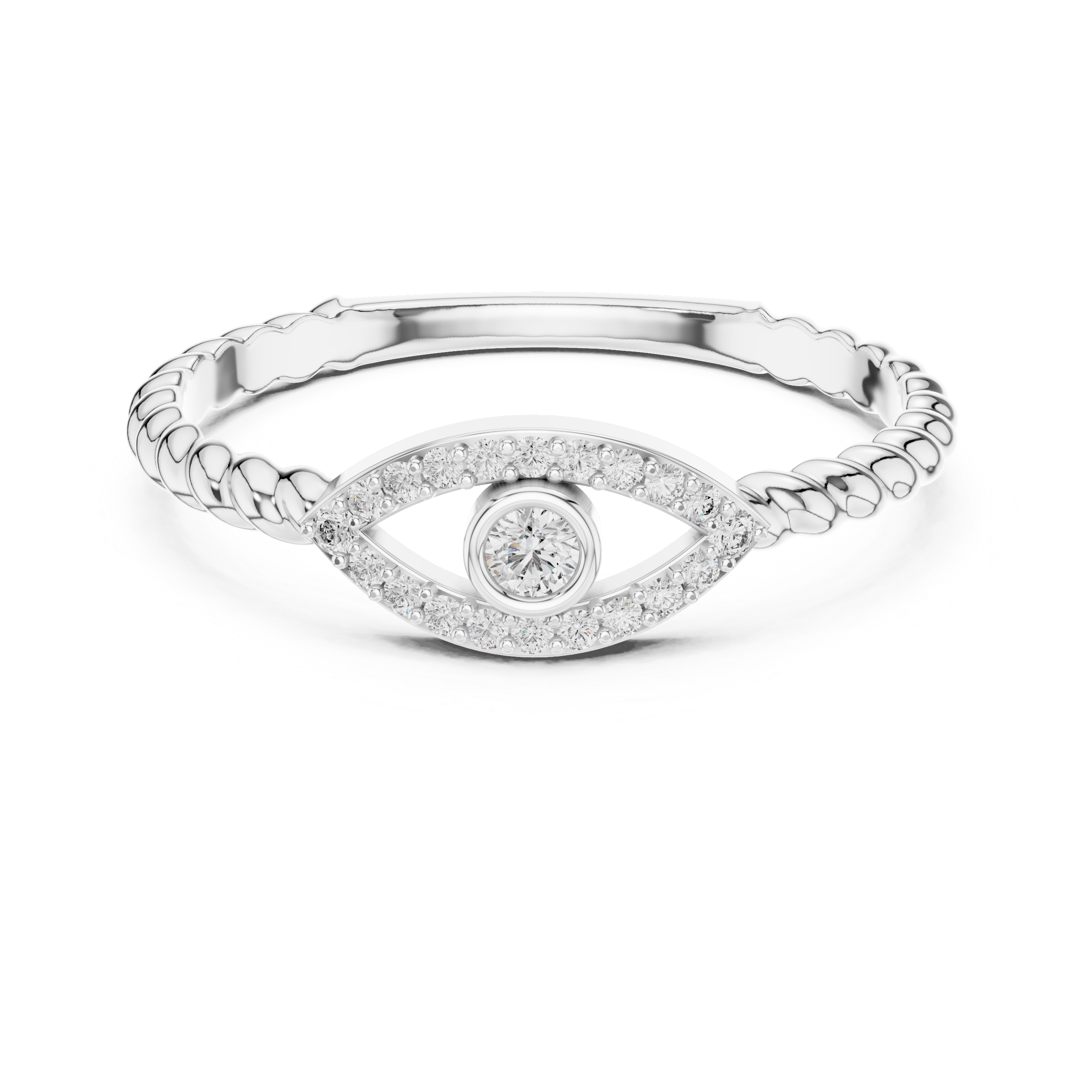 White gold evil eye diamond ring top view with round center stone halo
