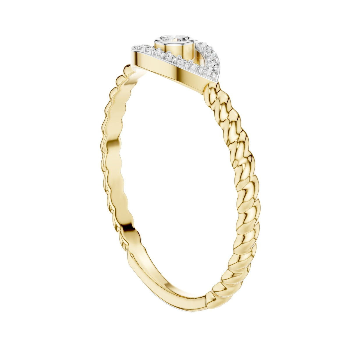 Gold diamond evil eye ring with round center stone and pavé eye motif on braided band