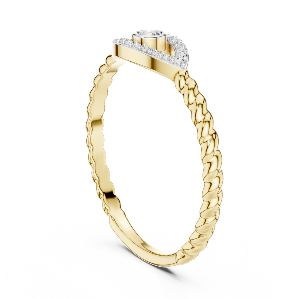 Gold rope band diamond ring with round eye motif and pavé bezel center