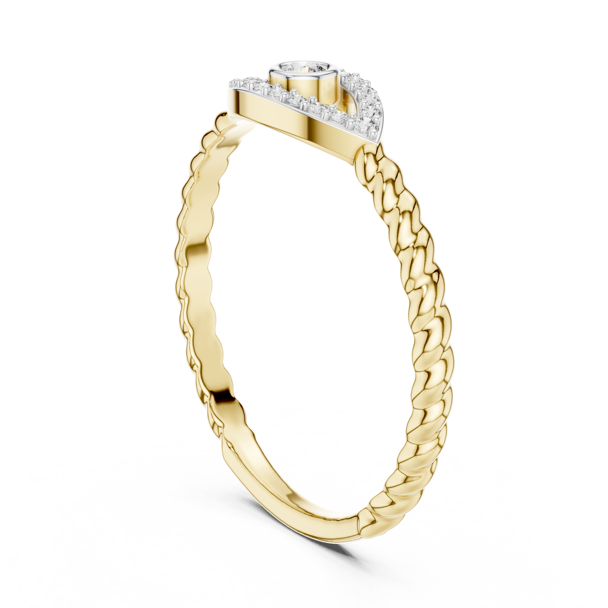 Gold diamond evil eye ring with round center stone and pavé eye motif on braided band