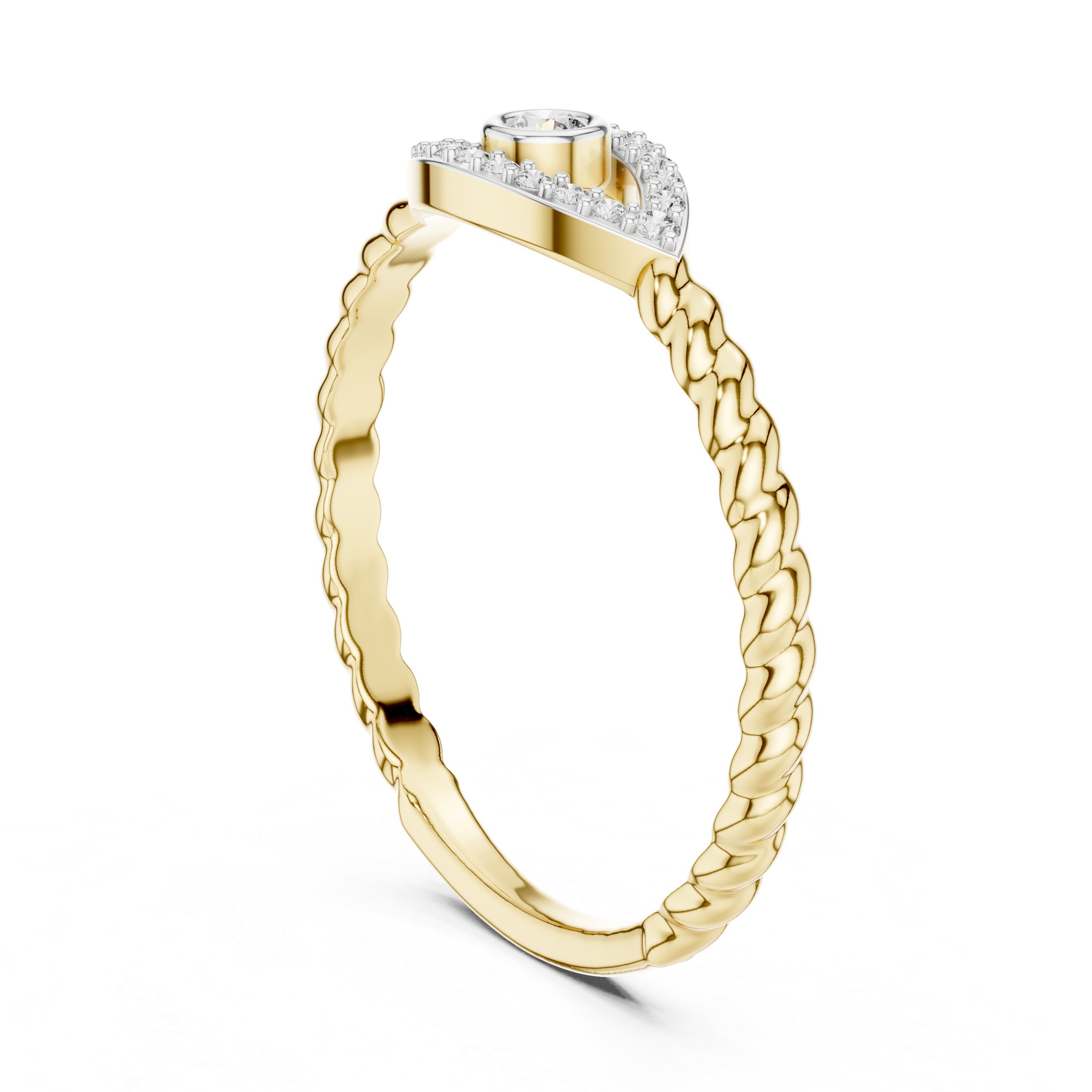 Gold rope band diamond ring with round eye motif and pavé bezel center