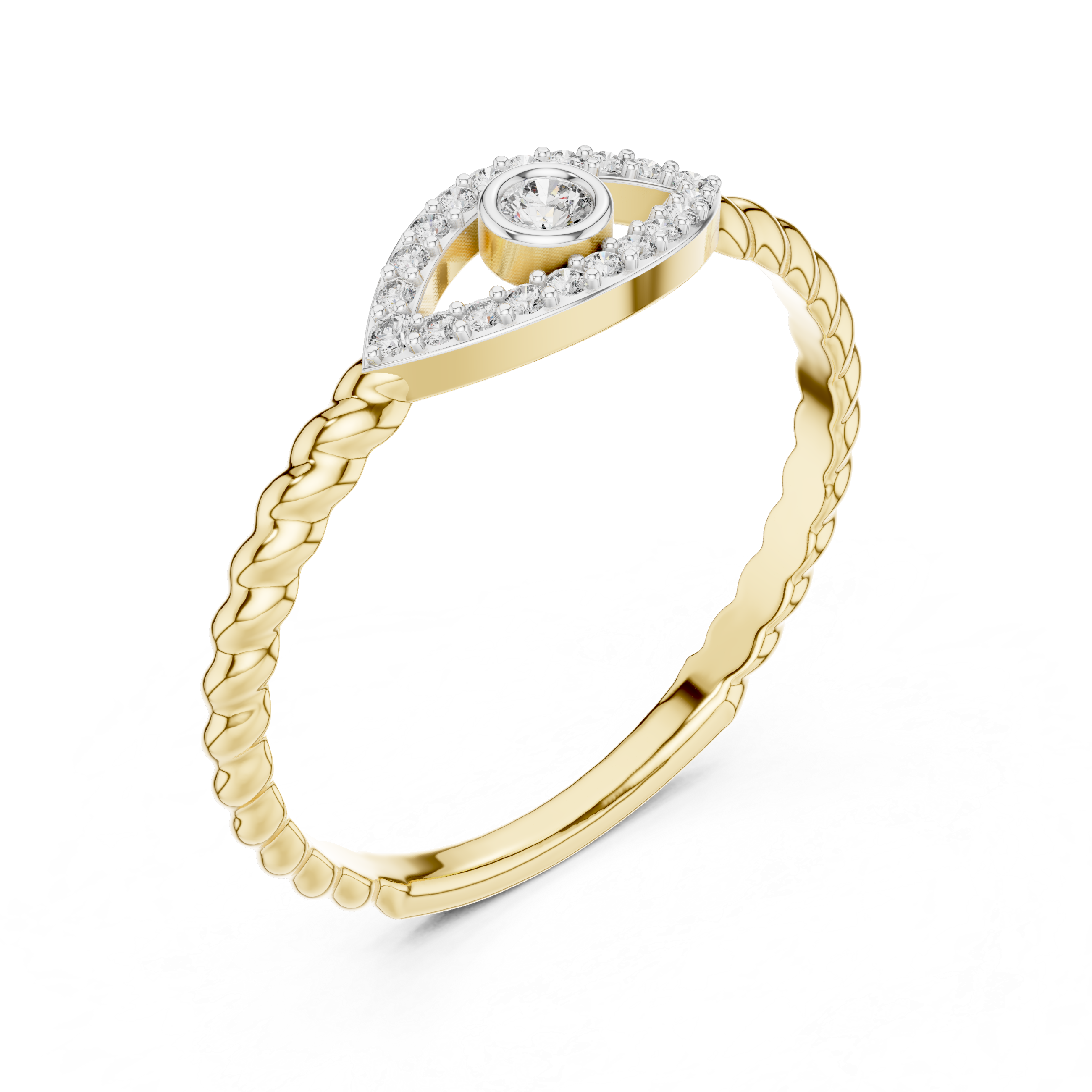 Gold rope band diamond ring, open top view of round center evil eye setting