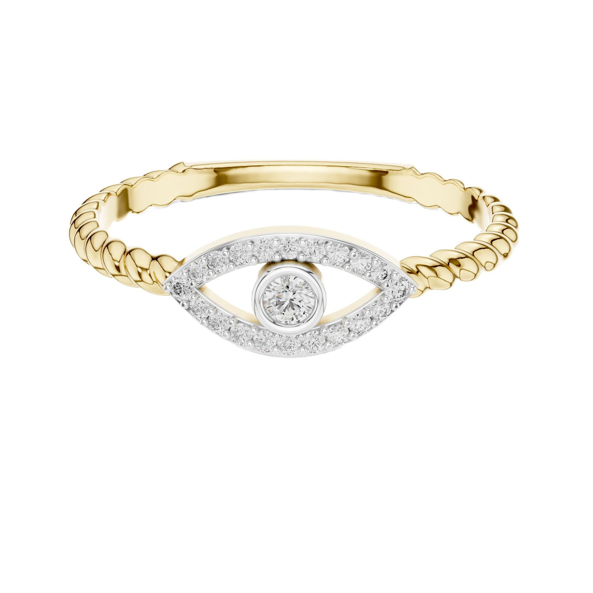 Gold diamond evil eye ring with pavé teardrop eye and round center stone