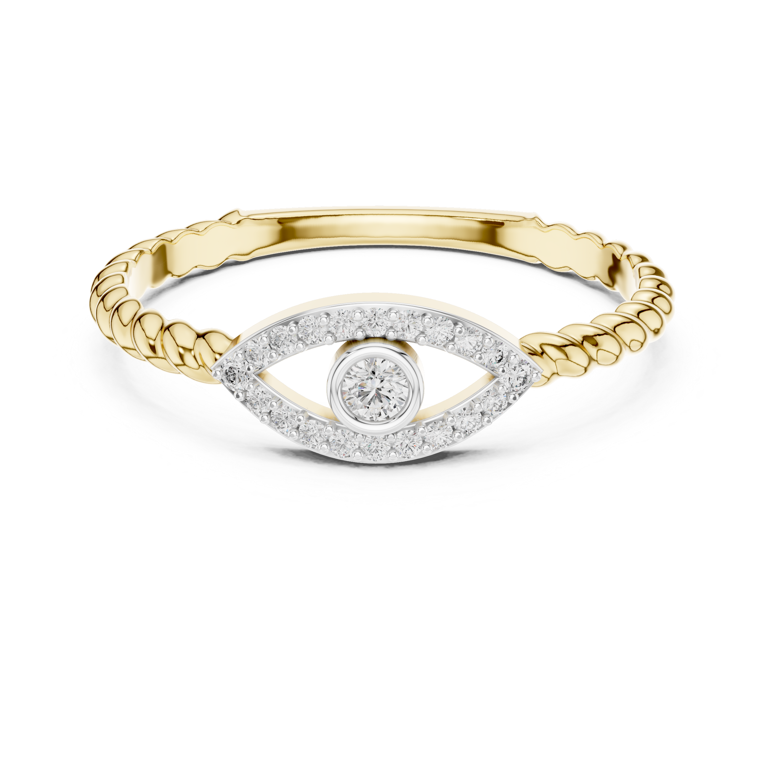 Gold diamond evil eye ring with pavé teardrop eye and round center stone