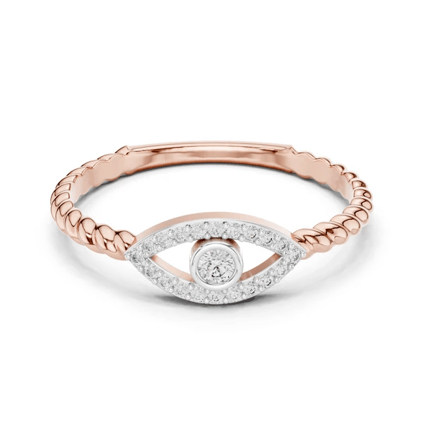 Rose gold diamond evil eye ring with pavé eye motif and round center stone