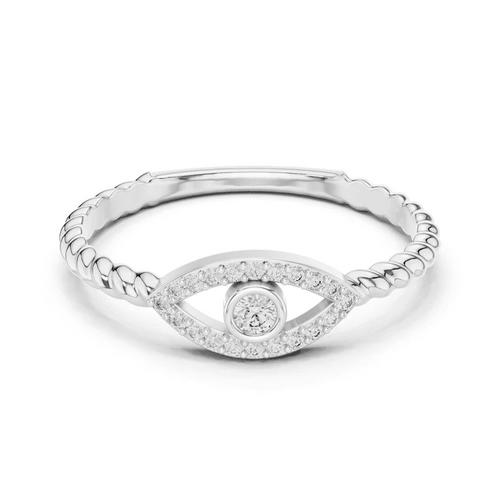 White metal diamond evil eye ring with pavé eye motif and round center stone