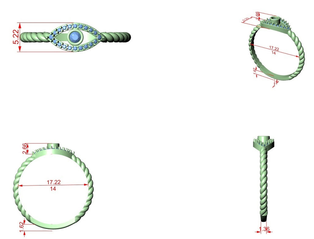 Evil eye rope band diamond ring with teal center eye and braided shank