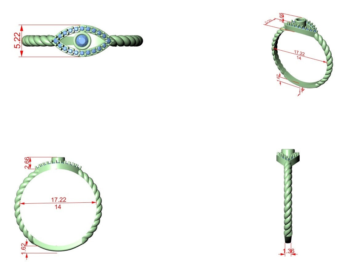 Evil eye rope band diamond ring with teal center eye and braided shank