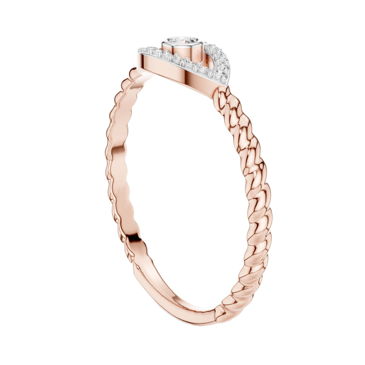 Rose gold evil eye diamond rope band ring with braided sides and halo center