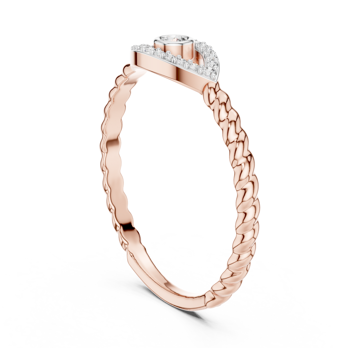 Rose gold evil eye diamond rope band ring with braided sides and halo center