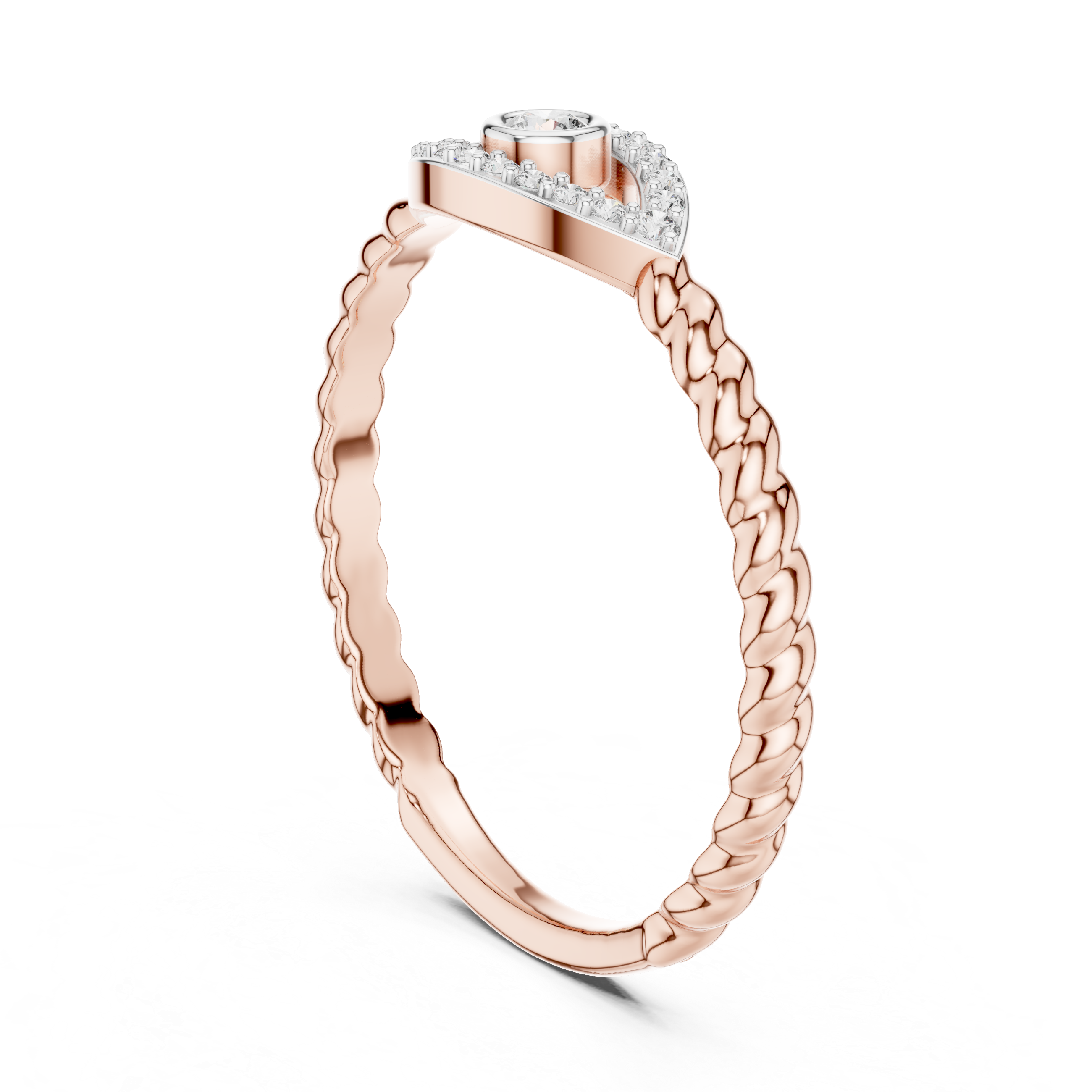 Rose gold evil eye diamond rope band ring with braided sides and halo center